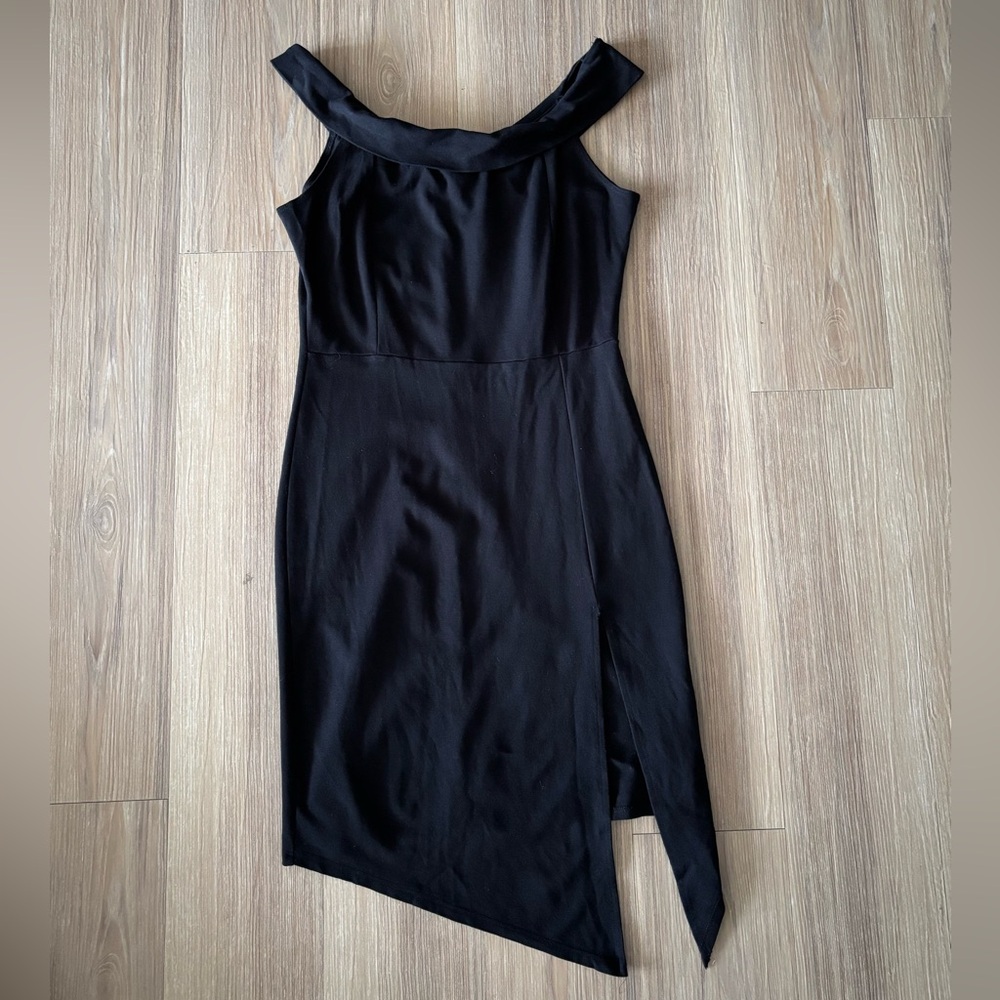 Parvenue Dress Black Off Shoulder Side Slit Sheath Women L 90s Party Office USA